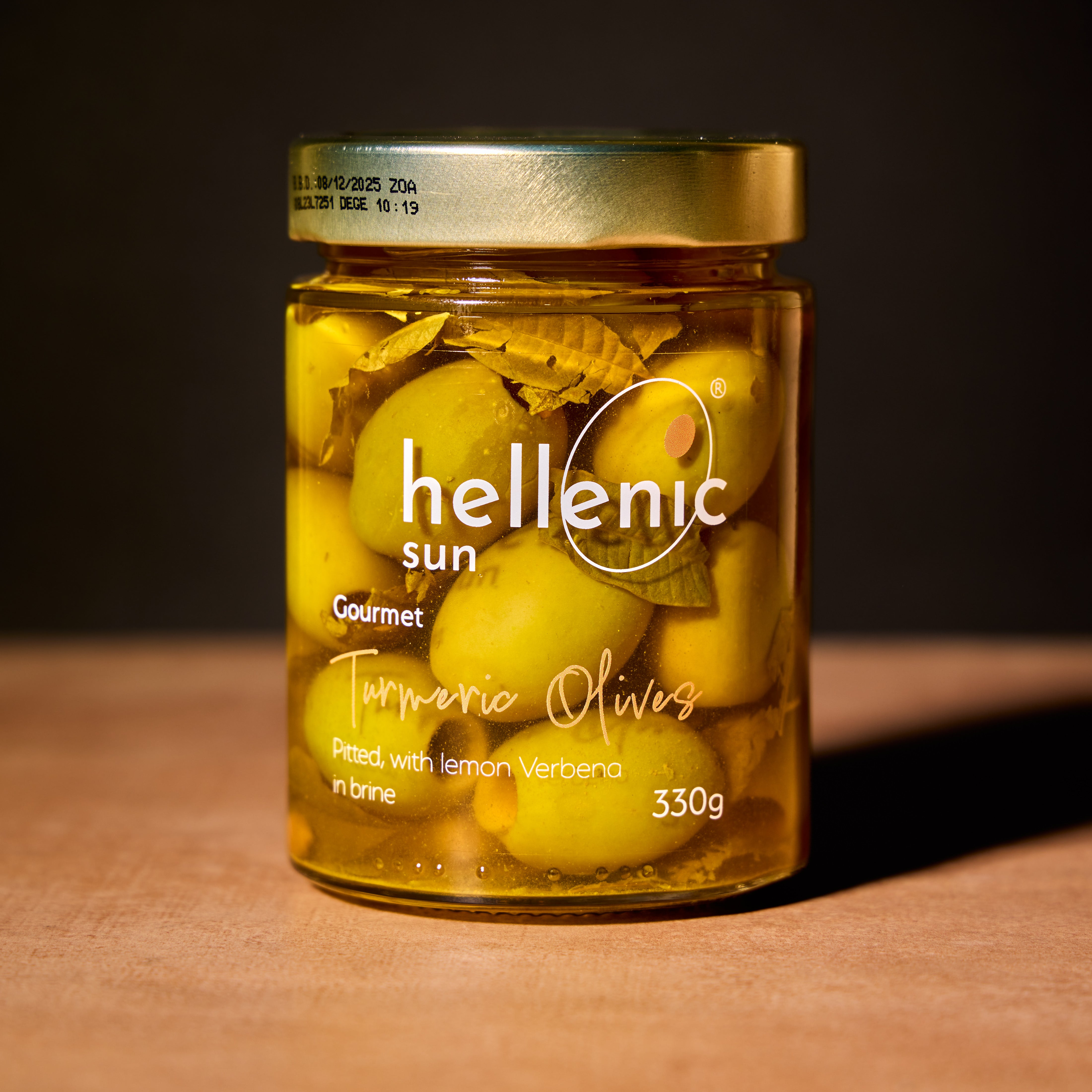 Hellenic Sun turmeric and lemon verbena olives, 330g jar